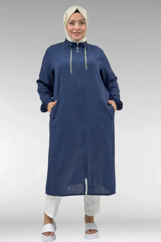 43013 Büyük Beden Elit Keten Biyeli Zincir Detaylı Kap - Lacivert - BÜYÜKBEDENIZ