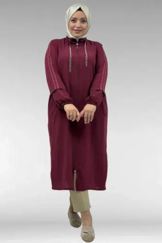 43013 Plus Size Elite Linen Trimmed Chain Detailed Coat - Burgundy - 1