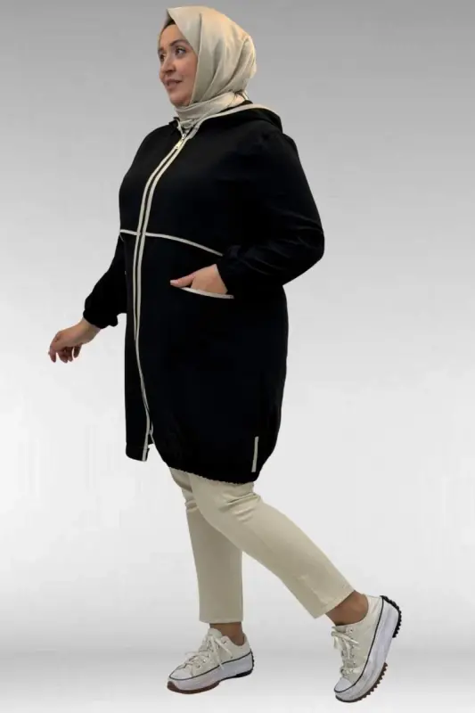 43032 Plus Size Linen Coat with Piping Detail - Black - 3