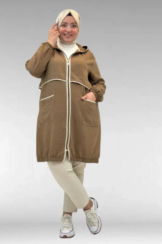 43032 Plus Size Linen Coat with Piping Detail - Mink - 3