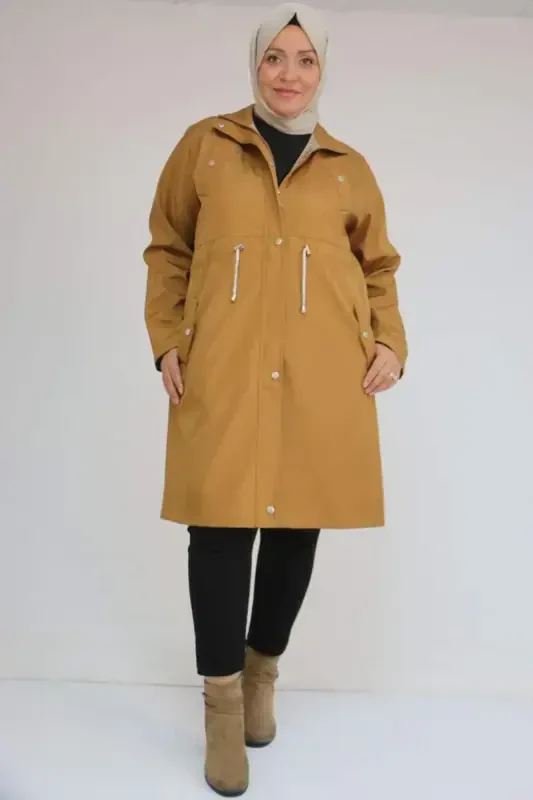 43054 Plus Size Belted Striped Bondit Trench Coat - Tan - BÜYÜKBEDENIZ