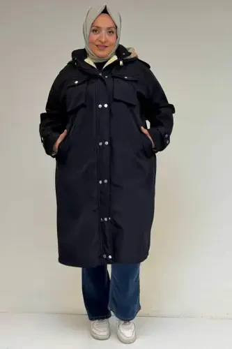 43061 Большой Размер С Капюшоном С Карманами На Молнии Bondit Куртка - Темно-синий - 1