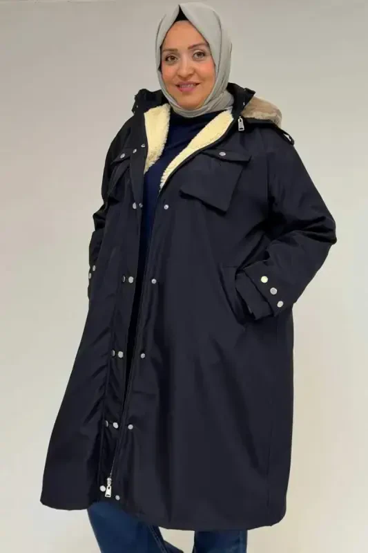 43061 Большой Размер С Капюшоном С Карманами На Молнии Bondit Куртка - Темно-синий - 3