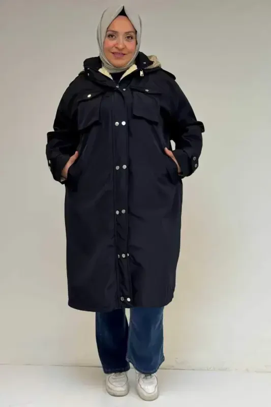 43061 Plus Size Flap Pocket Zippered Bondit Jacket - Navy Blue - BÜYÜKBEDENIZ