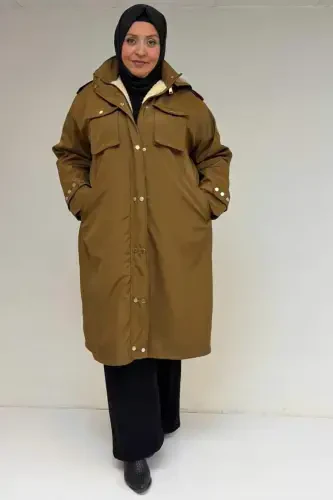 43061 Plus Size Flap Pocket Zippered Bondit Jacket - Tobacco - 1