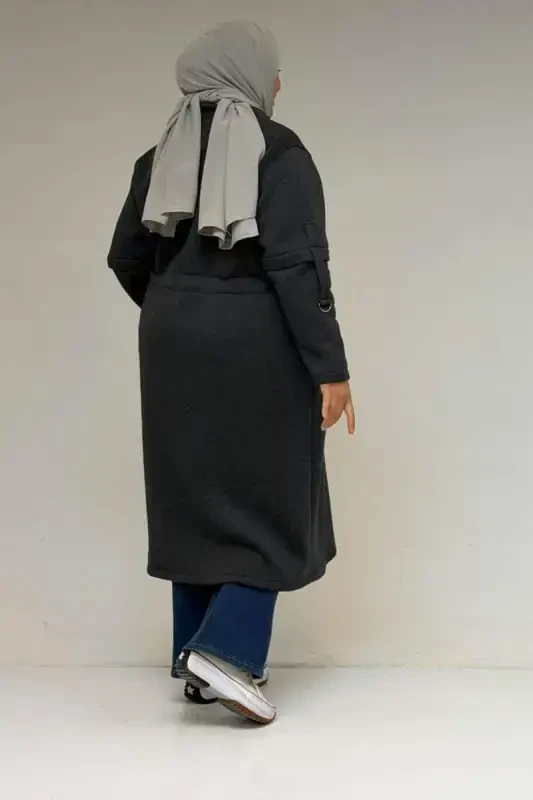 43065 Большой Размер Стойка Воротник Спереди На Молнии Три Нити Капюшон - Антрацит - 3