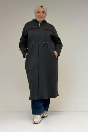 43065 Plus Size Mandarin Collar Zippered Three Thread Coat - Anthracite - 1