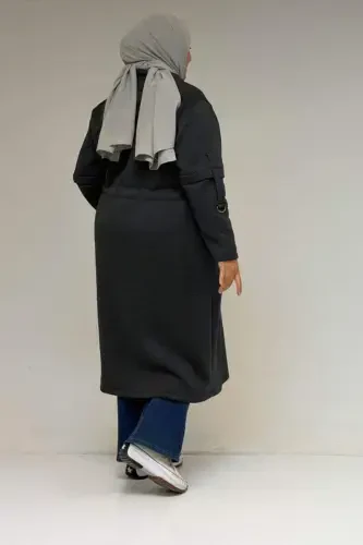 43065 Plus Size Mandarin Collar Zippered Three Thread Coat - Anthracite - 3