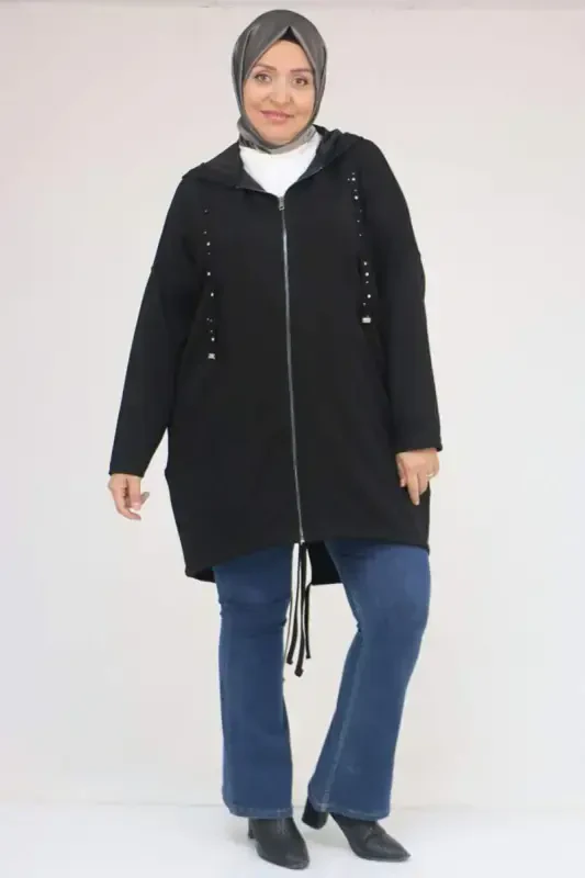 43068 Katta Hajmli Yubka Oval Kesimli Modal Kurtka - Qora - BÜYÜKBEDENIZ