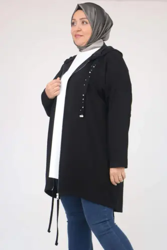 43068 Plus Size Skirt Oval Cut Modal Jacket - Black - 3