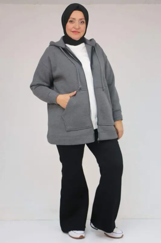 43069 Plus Size Skirt Ribbed Three Thread Jacket - Anthracite - BÜYÜKBEDENIZ