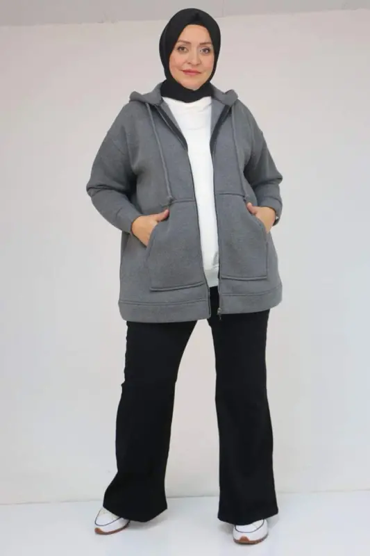 43069 Plus Size Skirt Ribbed Three Thread Jacket - Anthracite - 3