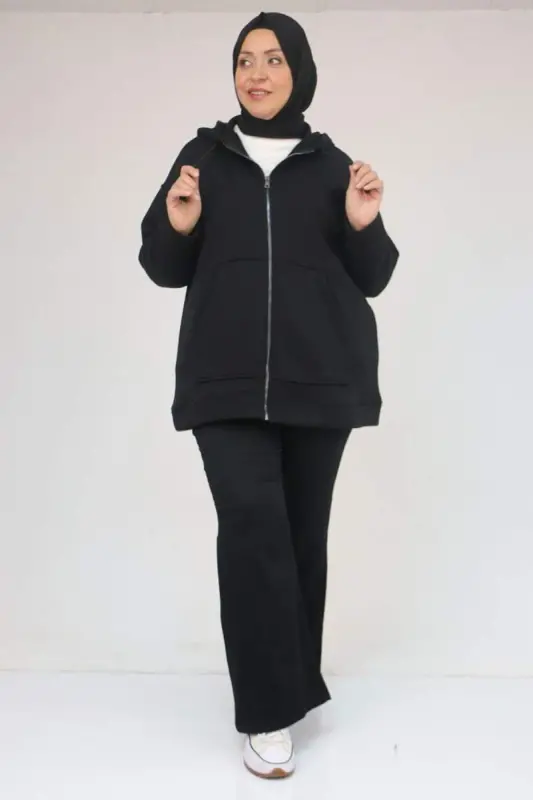 43069 Plus Size Skirt Ribbed Three Thread Jacket - Black - BÜYÜKBEDENIZ