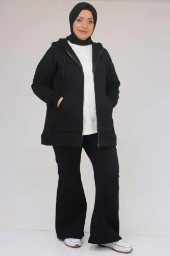 43069 Plus Size Skirt Ribbed Three Thread Jacket - Black - 3