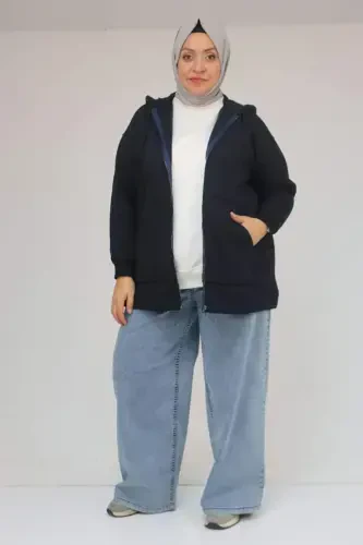 43069 Plus Size Skirt Ribbed Three Thread Jacket - Navy Blue - 1