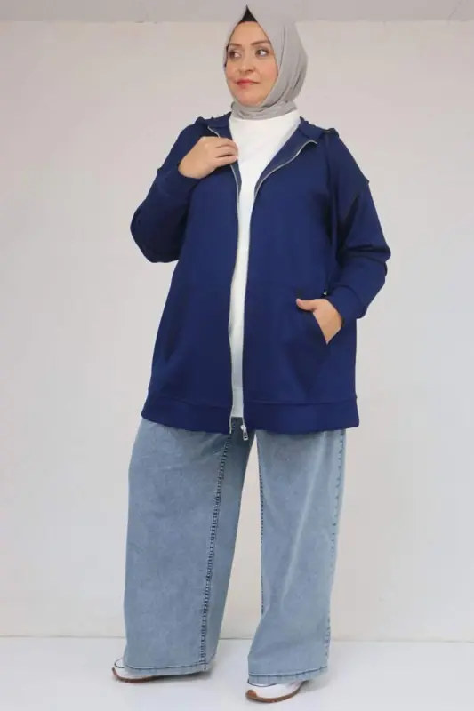 43072 Plus Size Waterport Trimmed Oysho Jacket - Indigo - BÜYÜKBEDENIZ