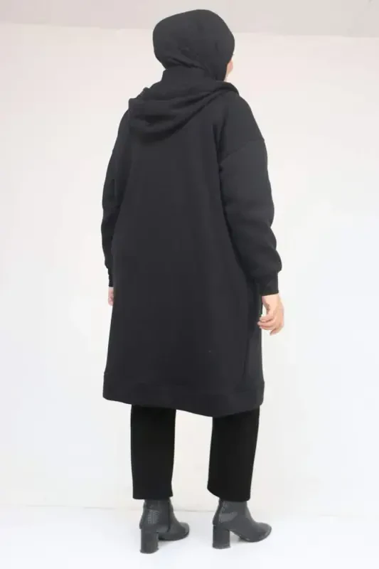 43077 Большой Размер Рукав И Подол В Резинку Трикотажный Капюшон - Черный - 3