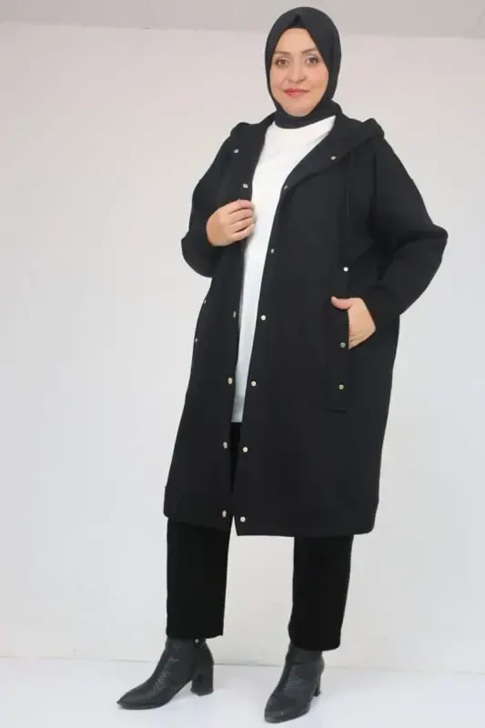 43077 Plus Size Three Thread Coat with Ribbed Cuffs and Hem - Black - BÜYÜKBEDENIZ