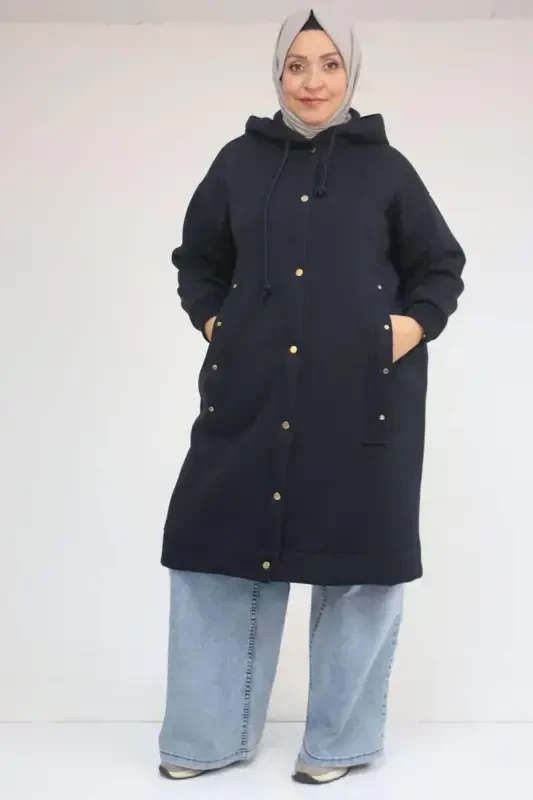 43077 Plus Size Three Thread Coat with Ribbed Cuffs and Hem - Navy Blue - BÜYÜKBEDENIZ