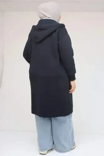 43077 Plus Size Three Thread Coat with Ribbed Cuffs and Hem - Navy Blue - 3