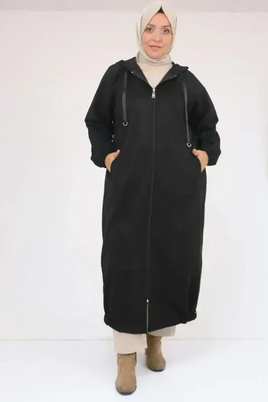 43078 Plus Size Elastic Sleeve Detailed Nubuck Coat - Black - 1