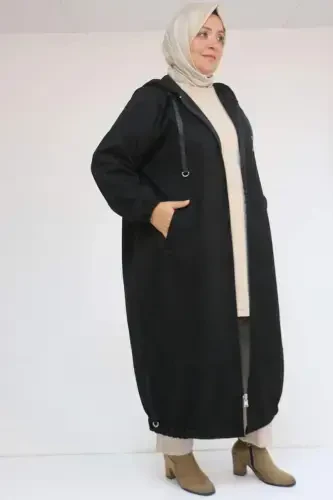 43078 Plus Size Elastic Sleeve Detailed Nubuck Coat - Black - 3