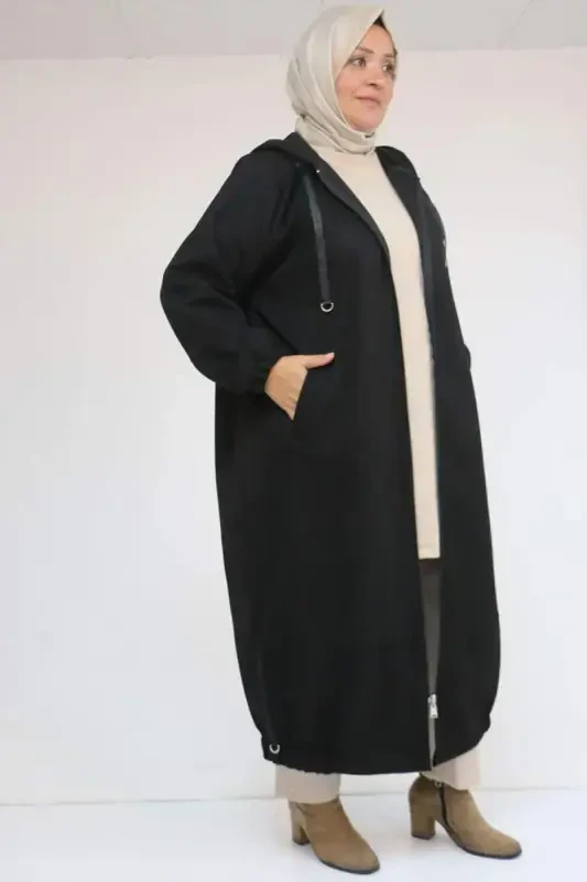 43078 Plus Size Elastic Sleeve Detailed Nubuck Coat - Black - 3