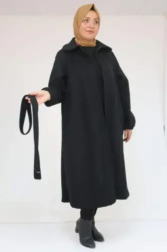 43090 Plus Size Collared - Belted Elastic Sleeve Wool Coat - Black - 1
