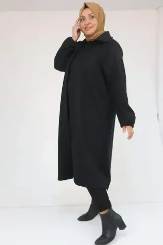 43090 Plus Size Collared - Belted Elastic Sleeve Wool Coat - Black - 3