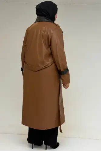 43099 Katta Hajmli Teri Kombinatsiyali Tugmali Kap - Taba - BÜYÜKBEDENIZ (1)