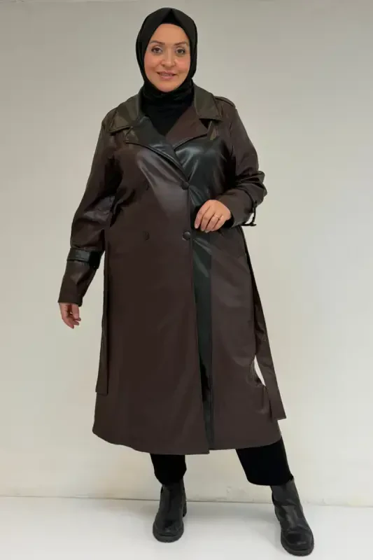 43099 Plus Size Leather Detailed Buttoned Coat - Brown - BÜYÜKBEDENIZ
