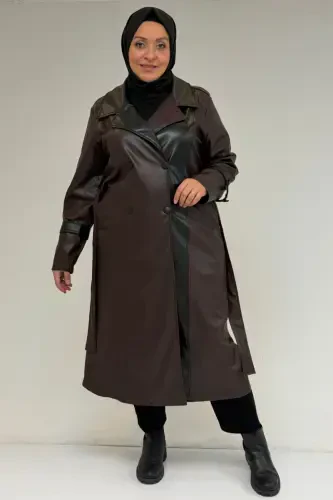 43099 Plus Size Leather Detailed Buttoned Coat - Brown - 1