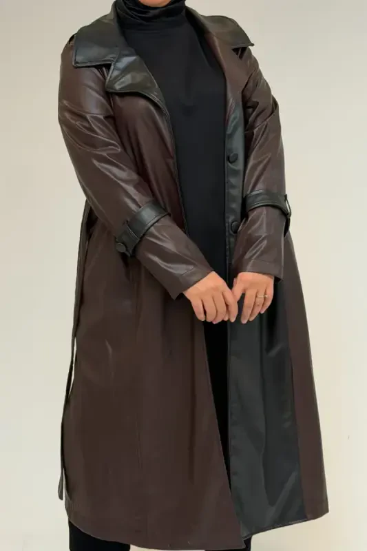 43099 Plus Size Leather Detailed Buttoned Coat - Brown - 2