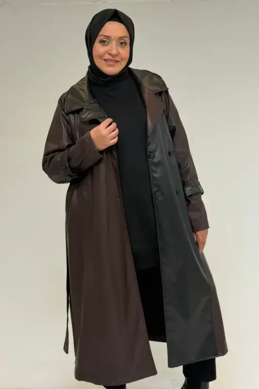 43099 Plus Size Leather Detailed Buttoned Coat - Brown - 3