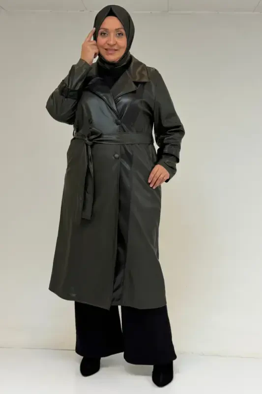 43099 Plus Size Leather Detailed Buttoned Coat - Khaki - 1