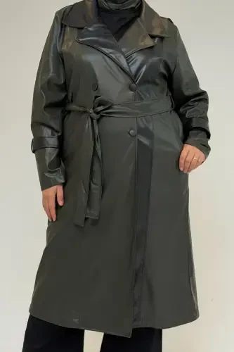 43099 Plus Size Leather Detailed Buttoned Coat - Khaki - BÜYÜKBEDENIZ (1)