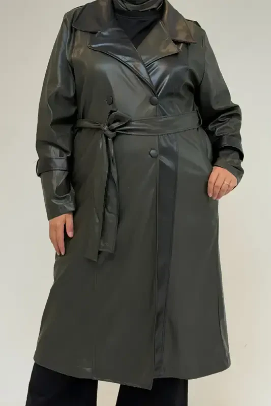 43099 Plus Size Leather Detailed Buttoned Coat - Khaki - 2