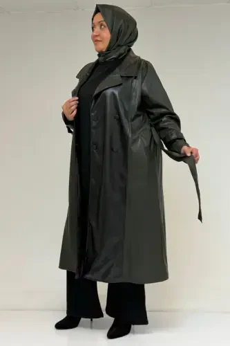 43099 Plus Size Leather Detailed Buttoned Coat - Khaki - 3