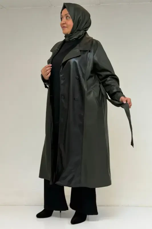 43099 Plus Size Leather Detailed Buttoned Coat - Khaki - 3