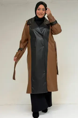 43099 Plus Size Leather Detailed Buttoned Coat - Tan - 1