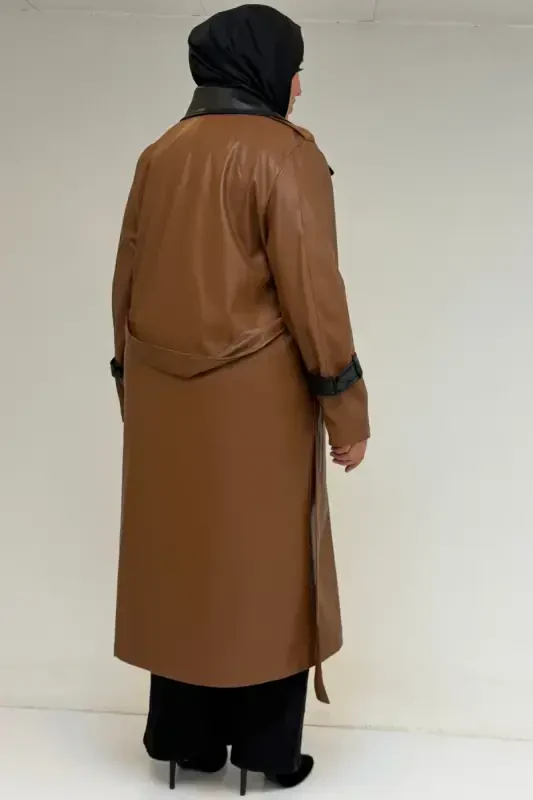 43099 Plus Size Leather Detailed Buttoned Coat - Tan - 2