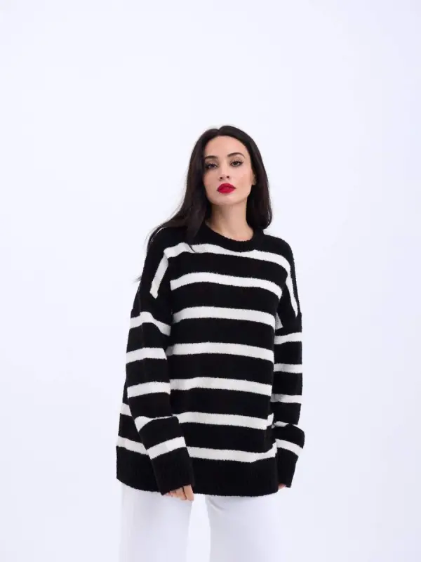 43111 KNITTED STRIPED OVERSIZE SWEATER-BLACK-ECRU - 5