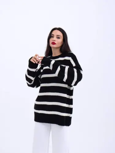 43111 ТРИКОТАЖНЫЙ ПОЛОСАТЫЙ СВОБОДНЫЙ СВИТЕР-ЧЕРНЫЙ-ЭКРЮ - 1