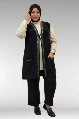 44001 Büyük Beden Önü Taş Detaylı Sandy Yelek - Siyah - BÜYÜKBEDENIZ (1)