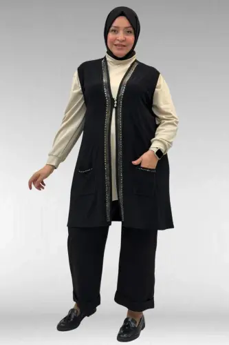 44001 Büyük Beden Önü Taş Detaylı Sandy Yelek - Siyah - 1