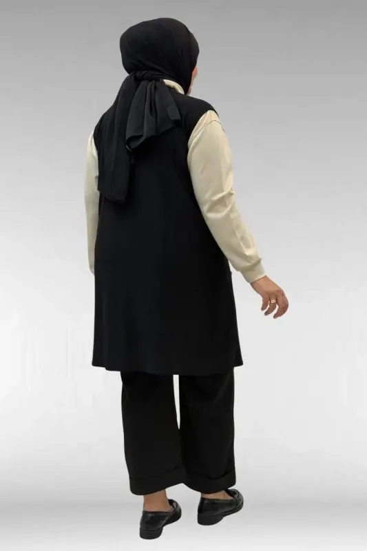 44001 Büyük Beden Önü Taş Detaylı Sandy Yelek - Siyah - 3