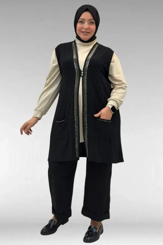 44001 Plus Size Sandy Vest with Stone Detail on the Front - Black - BÜYÜKBEDENIZ