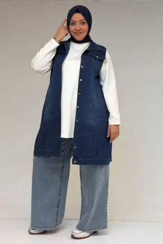 44002-1 Большой Размер Двухкарманный Джинсовый Жилет с Эффектом Потертости - Синий - 3