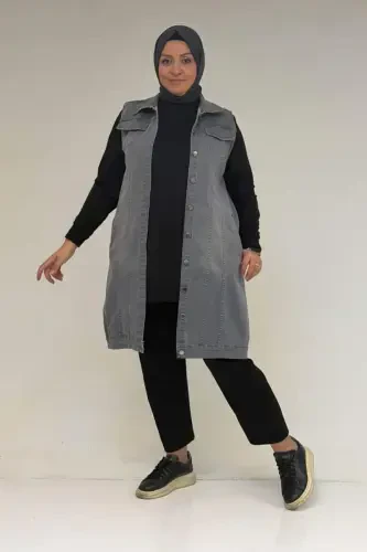 44002-1 Plus Size Double Pocket Spray Sandblasted Detailed Denim Vest - Gray - 1