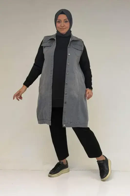 44002-1 Plus Size Double Pocket Spray Sandblasted Detailed Denim Vest - Gray - BÜYÜKBEDENIZ